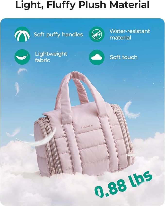 BAGSMART Hanging Toiletry Bag with Removable Partition, Puffy Water-resistant Fabric, Cosmetic Bag Makeup Bag for Full Sized Toiletries, Nude Pink