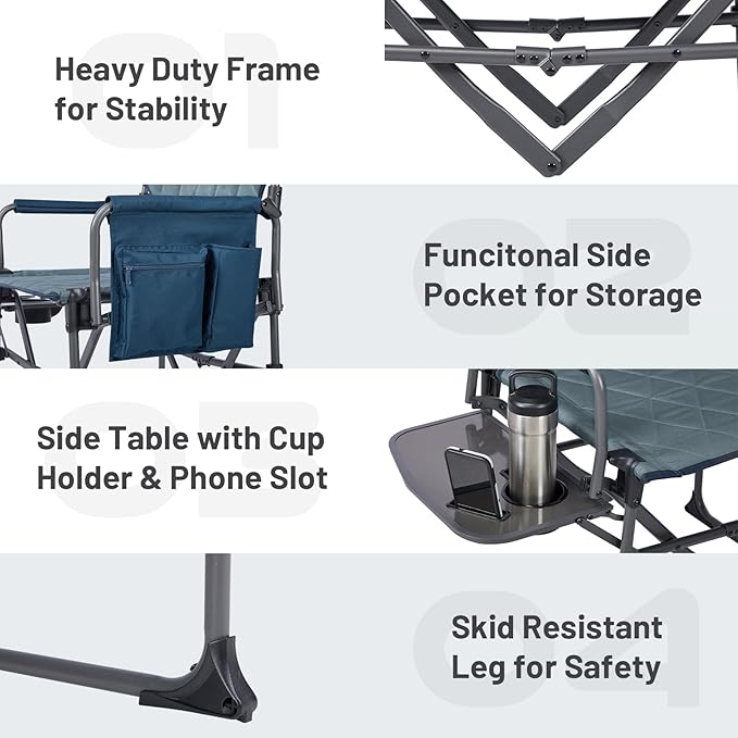 TIMBER RIDGE Aluminum Camping Directors Chair with Side Table Pocket, Portable Folding Chair, Heavy Duty Lawn Chair for Fishing Trip Picnic Concert Outdoor 400lbs, Navy