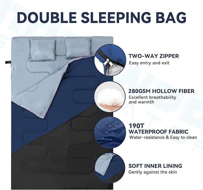 Double Sleeping Bag for Adults Kids - Lightweight 2 Person Sleeping Bag with Pillow, Queen Size Waterproof Camping Sack Two Person for Girls, Boys, Youths, Teens, Compact for Cold Weather & Warm