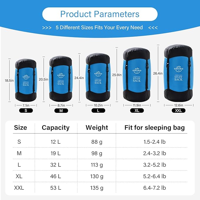 Compression Sack, 12L/19L/32L/46L/53L Water-Resistant Sleeping Bag Stuff Sack,Anti-Tear Ultra Light 400T 20D Nylon Storage Bag,Space Saving Gear for Camping Hiking Travel 1Pcs