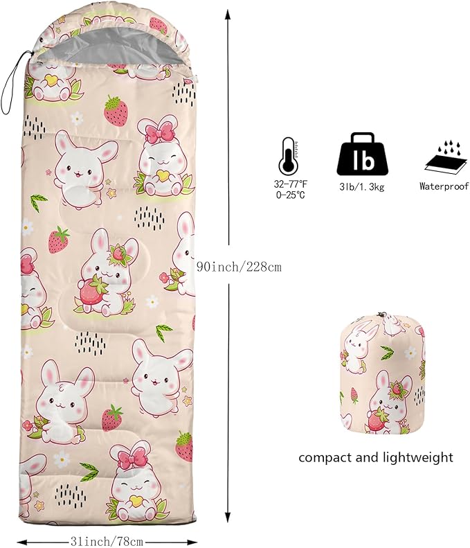 AILONEN Pink Lovely Rabbit Sleeping Bag for Girls Kids Adults,Warm and Cool Weather,Lightweight,Waterproof Backpacking,Cartoon Flowers Printed Bunny Sleeping Bag for Camping