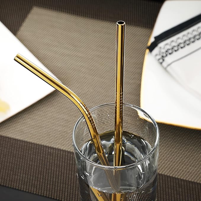 DEVICO Portable Utensils, Travel Camping Cutlery Set, 8-Piece including Knife Fork Spoon Chopsticks Cleaning Brush Straws Portable Case, Stainless Steel Flatware set (Gold)