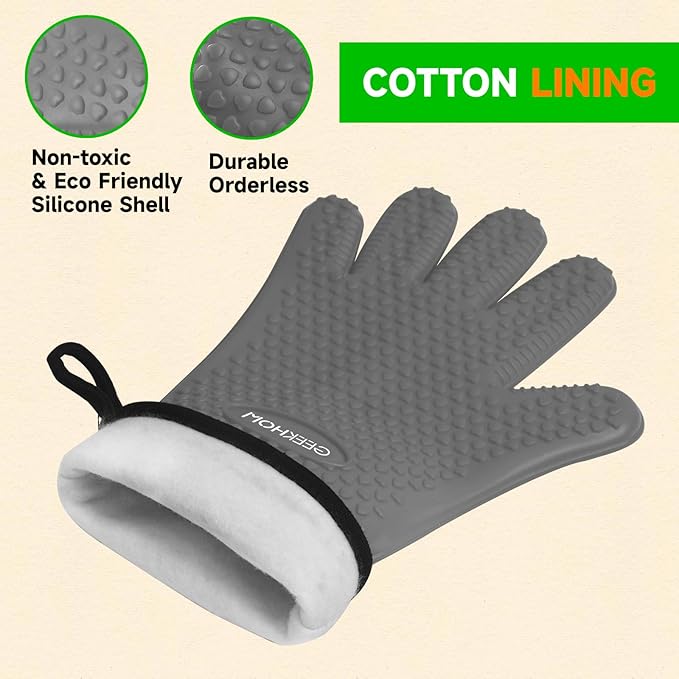 GEEKHOM BBQ Gloves Heat Resistant Oven Mitts - Silicone Grilling Gloves with 13.7" Arm Protection - Waterproof Pot Holder Non-Slip for Men & Women, Kitchen Outdoor Cooking, Baking, Camping, Light Gray