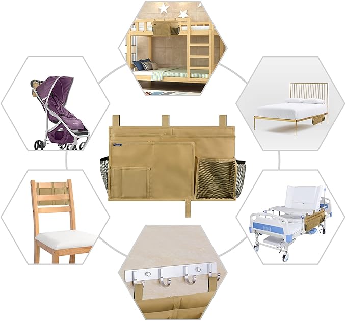 Surblue Bedside Caddy Hanging Bed Organizer Storage Bag Pocket for Bunk and Hospital Beds, College Dorm Rooms Baby Bed Rails,Camp 8 Pockets (Khaki)