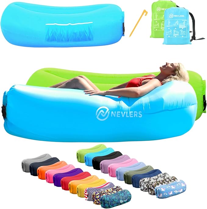 Nevlers 2 Pack Inflatable Loungers Air Sofa Couch | Perfect for Beach Chair Camping Chairs or Portable Hammock |Travel Bag Pouch, Pegs & 3 Pockets| Movie Seating & Camping Accessories Blow Up Lounger