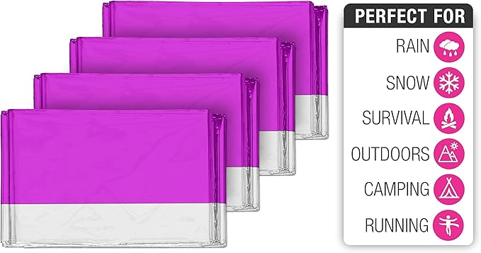 Swiss Safe 4 Pack Mylar Emergency Blankets for Survival - Compact & Insulated for Cold Weather - Designed for NASA, Outdoor, Running, Camping, Survival, First Aid Car Kit - Pink, 4 Pack