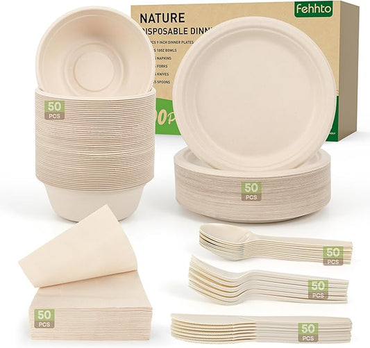 Disposable Paper Plates Set 300PCS Compostable Sugarcane Plates, Bowls, Heavy-duty Utensil, Biodegradable Napkins, Eco-friendly Dinnerware Set for Party Camping 50 People