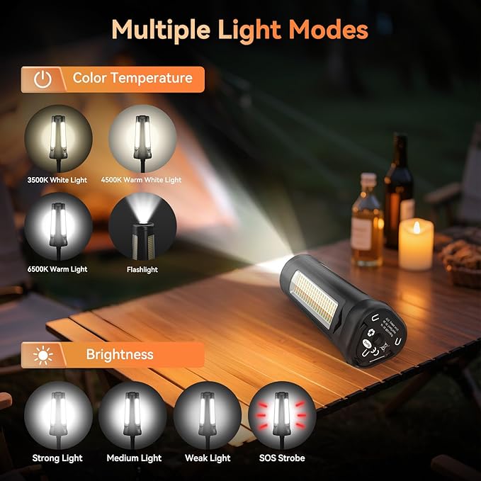 Rechargeable Camping Light with Stand 7 ft Max Height, 15000mAh Portable Cordless LED Work Light, 5500 Lumen 6500/4500/3500K Dimmable Emergency Flashlight with Detachable Tripod, Black