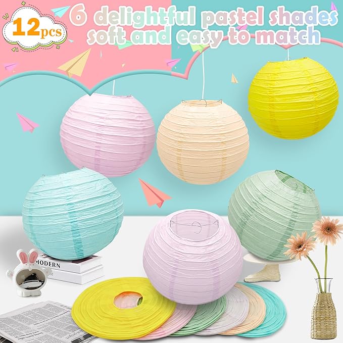 12Pcs 10" Colorful Pastel Paper Lanterns for Classroom Spring Children's Room Mother's Day Baby Shower Wedding Birthday Party Decorations, Macaron Rainbow Pastel Classroom Decor (10 inch)