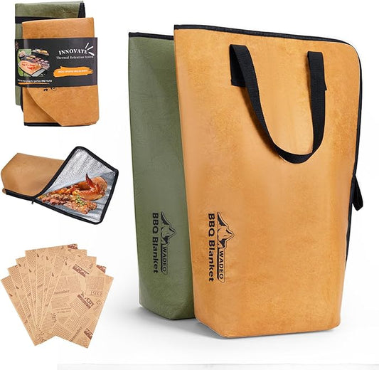 WADEO Large 2 pack BBQ Blanket for Resting Meat, 21inch BBQ Insulated Smoked Meat Resting Bag Butcher Paper Set, Barbecue Brisket Meat Blanket with Wide Mouth for Beef Pork Turkey(Green Brown)