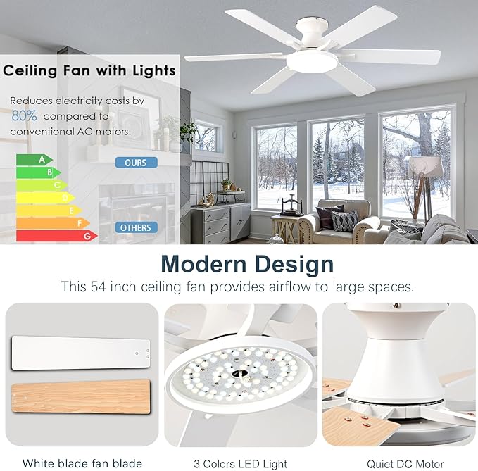 Ceiling Fans with Lights,54 Inch Low Profile Ceiling Fan with Light and Remote Control,6 Speeds/6 Blade,Flush Mount,LED Dimmable DC Reversible Modern, White Ceiling Fan for Bedroom/Living Room