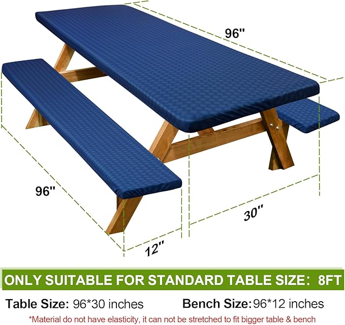 Picnic Table Cover with Bench Covers Camping Essentials Waterproof Windproof Camping Tablecloth with Drawstring Bag, Fitted Rectangle Tables and Seats, 96in, Deep Blue