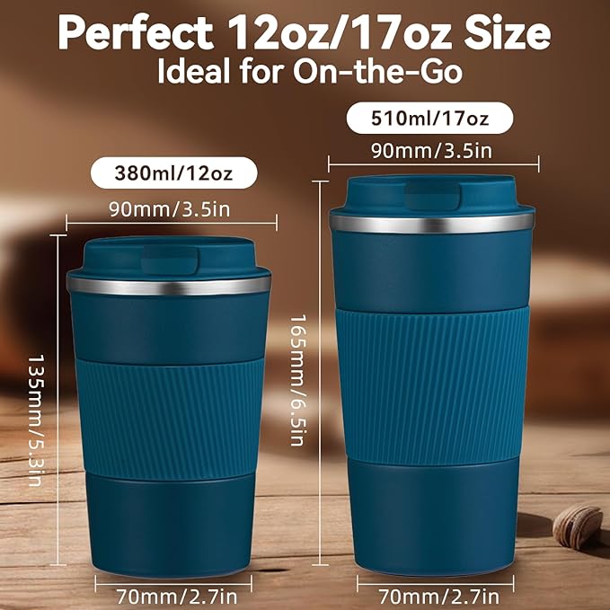 12OZ Travel Coffee Mug Insulated Coffee Cup with Spill Leak Proof Lid, Portable Stainless Steel Tumbler Reusable Hot and Cold Water Mug for Car, Daily, Camping- Blue