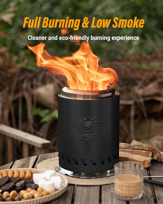 YEFU Tabletop Fire Pit 9.7 x 7.1 in, Low Smoke Camping Stove for Outdoor & Patio, Fueled by Pellets or Wood, Safe Burning Table Top Firepit, with Travel Bag & 2 Mini Sticks & Fireproof Mat, Black