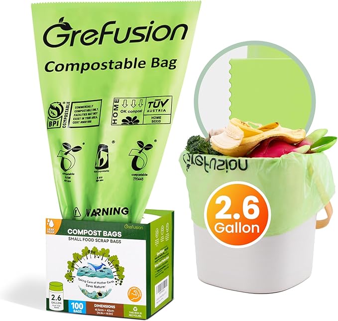 2.6 Gallon Compostable Trash Bags, 100 Count, Extra Thick 0.71 Mil, Certified by BPI and ASTM D6400, Perfect Fit for Small Trash Cans