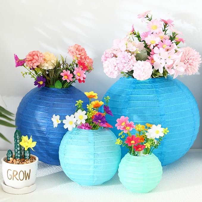 Treela 48 Pcs Paper Lanterns Party Decorations Chinese Round Paper Lanterns 4/6/8/10 Inch Asian Hanging Lamps Decorative for Birthday Party Supplies(Blue Series)