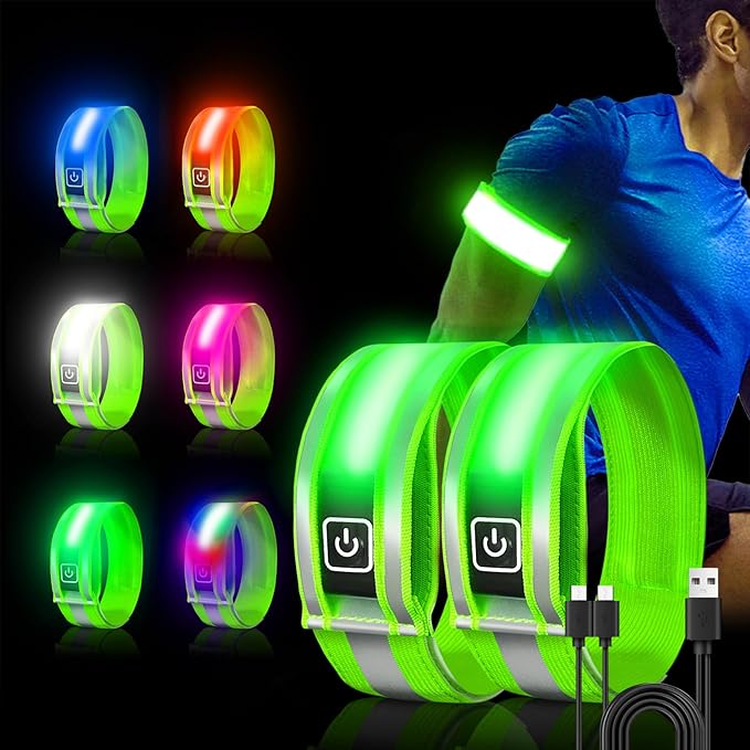 2 Pack Rechargeable LED Armbands for Running, High Visibility Reflective Running Gear, 6 Colors Light Up Armbands for Night Walking, Running Lights, Running Gift for Men Women