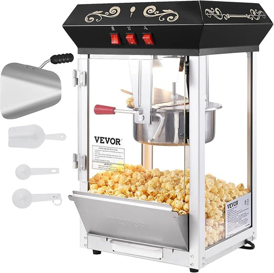 VEVOR Popcorn Maker, 850W Popcorn Popper Machine, 8 Oz Kettle Makes 48 Cups per Batch, Countertop Popcorn Maker with Tempered Glass, Includes 4 Scoops, Movie Theater Style, Black