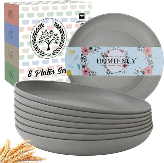 Homienly Dinner Plates Set of 8 Premium Wheat Straw Alternative to Plastic, Lightweight Round, Microwave & Dishwasher Safe, Unbreakable (Grey, 10 inch)