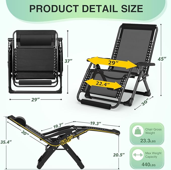 Suteck Oversized Zero Gravity Chair,29In XL Lounge Chair w/Removable Cushion&Headrest, Reclining Camping Chair w/Upgraded Lock and Footrest, Reclining Patio Chairs Recliner for Indoor Outdoor