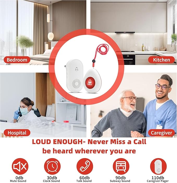 Wireless Caregiver Pager SOS Call Button for Elderly Monitoring 1000+ Feet Life Alert，Emergency Alert System Call Bell for Nurse Patient Disabled 2 Waterproof Transmitter & 2 Plugin Receiver