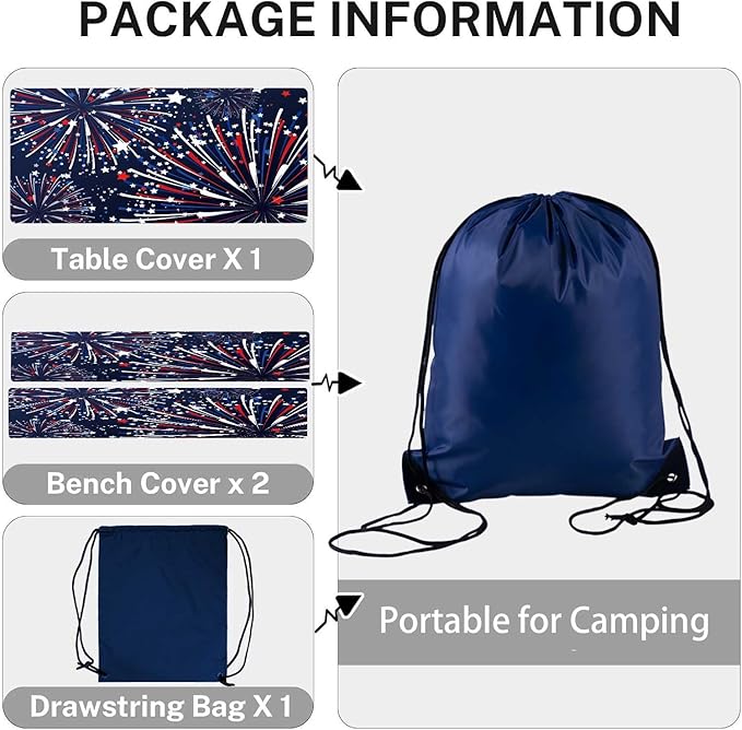 CAPSCEOLL Elastic Picnic Table Cover with Bench Covers 5Ft Waterproof Fitted Picnic Table Cover Cloths for Outdoors Camping Tablecloth with Drawstring Bag, 60X30in, Fireworks