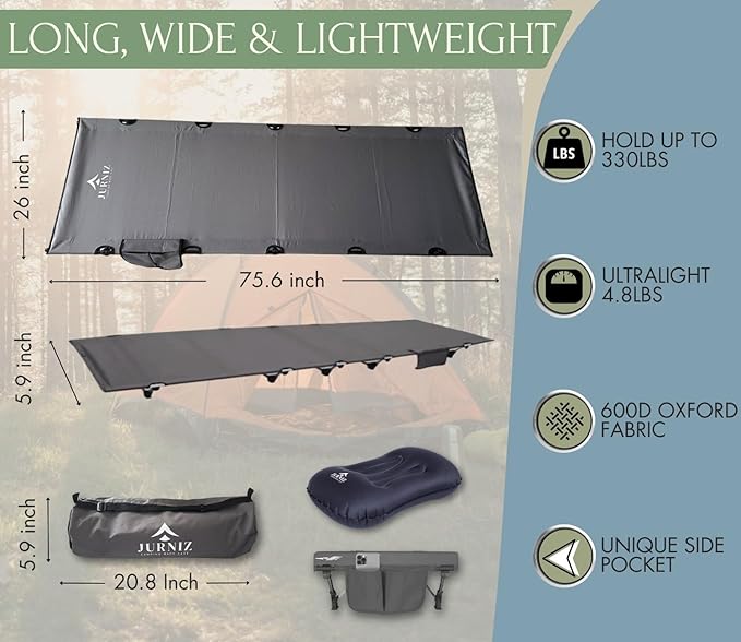 Ultralight Camping Cot for Adults and Kids; Supports up to 330lbs; 4.85lbs Ultralightweight Portable Camping Bed for Hiking, Camping and Backpacking with Carry Bag (Grey)