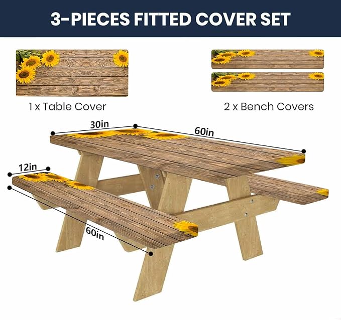 CAPSCEOLL Elastic Picnic Table Cover with Bench Covers 5Ft Waterproof Fitted Picnic Table Cover Cloths for Outdoors Camping Tablecloth with Drawstring Bag, 60X30in, Wooden Sunflowers