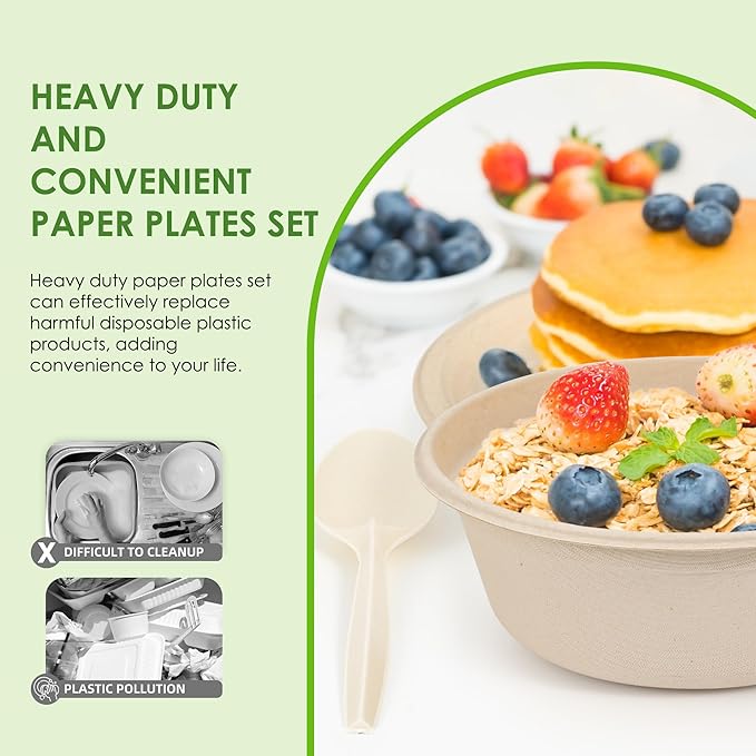 Disposable Paper Plates Set 300PCS Compostable Sugarcane Plates, Bowls, Heavy-duty Utensil, Biodegradable Napkins, Eco-friendly Dinnerware Set for Party Camping 50 People