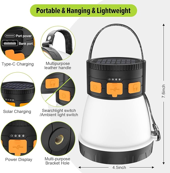 LED Camping Lantern, 1500 Lumens Camping Lantern Rechargeable with Solar Panel Charging, Waterproof, 8 Light Modes, 7500mAh Power Bank, Camping Flashlight for Hurricane Emergency, Hiking, Outdoor