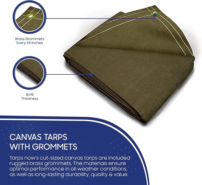 Tarps Now 10x12 ft Heavy Duty Canvas Tarp| 18 MIL Industrial Grade Fabric, Tear Resistance, Reinforced Edges, Brass Grommets | Ideal for Construction, Trucking, Manufacturing, Automotive –Olive Color