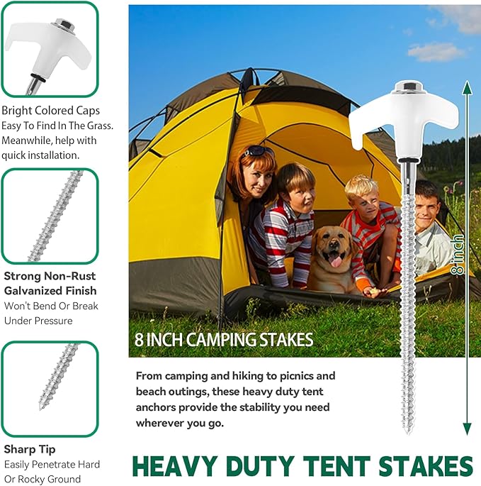 20 Pack 8" Screw in Tent Stakes for Drilling with Hex Heads - Heavy Duty Stainless Steel Tent Pegs/Nails/Spikes, Ground Anchors, Grow in Dark - for Camping, Grassland, Portable Box (White)
