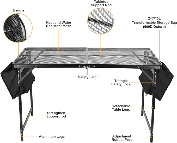 Grill Table 4FT Camping Table with 7/15 L Storage Bag 3 Height Adjustable Picnic Table Foldable Folding Portable Stand Mesh Outdoor BBQ