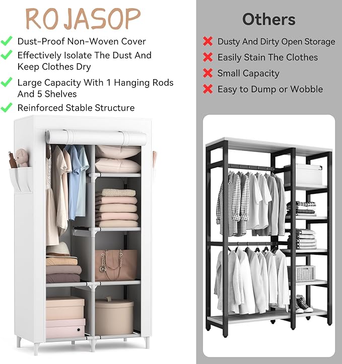 ROJASOP Portable Closet Wardrobe Closet for Hanging Clothes with 6 Storage Shelves, 1 Hanging Rod and 4 Pockets, Clothes Organizer and Storage Wardrobe Free Standing Closet for Bedroom, White
