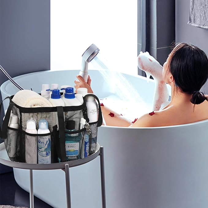 Mesh Shower Caddy Portable, Quick Dry Hanging Toiletry Bag for College Dorm Essentials with 4 Pockets/Divider/Plastic Bottom, Travel Tote Bag for Camping, Bathroom, Beach, Swimming, Gym