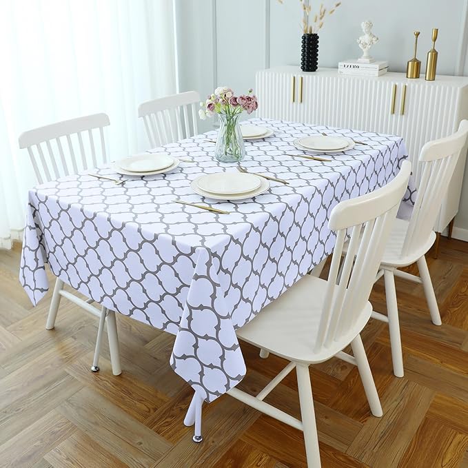 Romanstile Rectangle Plastic Tablecloth, 100% Waterproof Oil-Proof Checkered PVC Table Cloth, Heavy Duty Vinyl Table Cover for Dining, Camping, Picnic, Outdoor - 54 x 78 Inch, Moroco White