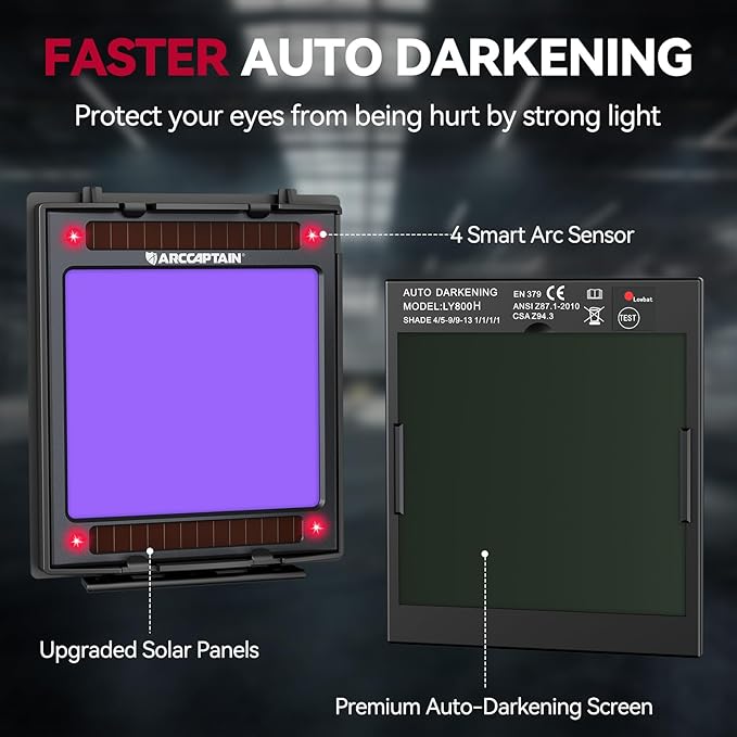 ARCCAPTAIN 3.94" x 3.66" Auto Darkening Welding Helmet, Solar Powered True Color Welding Hood, 1/1/1/1 Top Optical Clarity Welder Helmet, 4 Arc Sensor Wide Shade 4/5-9/9-13 for Stick MIG TIG Cut