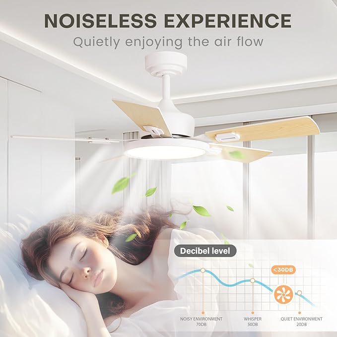 42" Ceiling Fans with Lights Remote Control, White Ceiling Fan with Dimmable LED Light 3CCT, 6 Speeds Reversible Wood Ceiling Fan Light for Bedroom, Farmhouse, Garage, Indoor Use