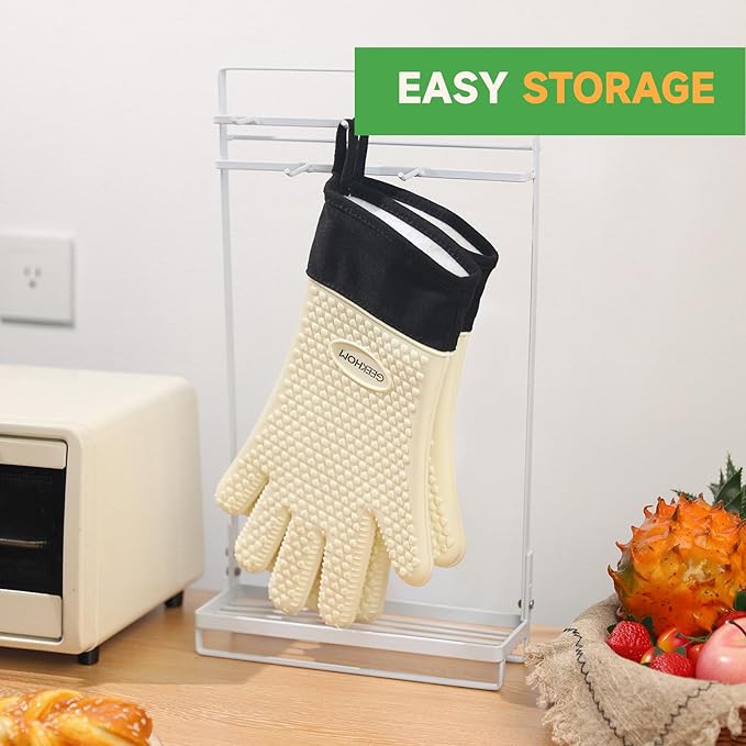 GEEKHOM BBQ Gloves Heat Resistant Oven Mitts - Silicone Grilling Gloves with 13.7" Arm Protection - Waterproof Pot Holder Non-Slip for Men & Women, Kitchen Outdoor Cooking, Baking, Camping, Mint Beige