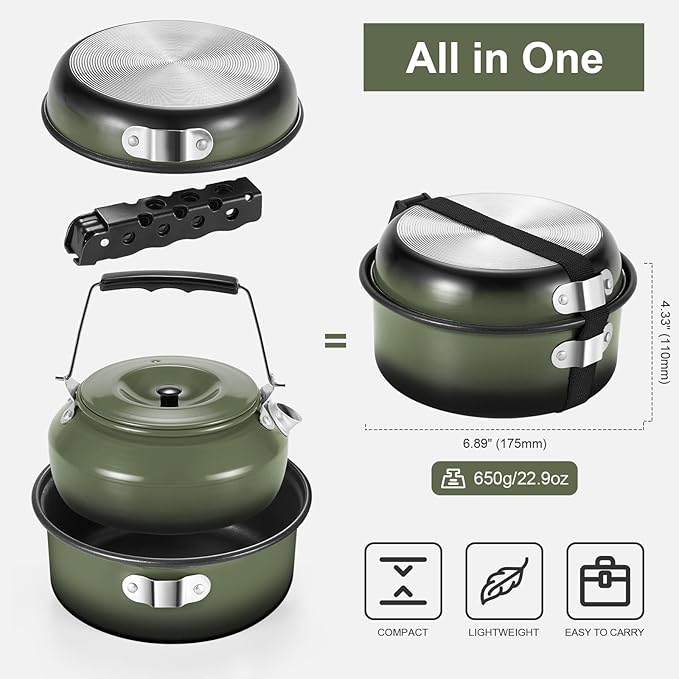 Odoland 5pcs Camping Cookware Non-Stick Camping Pot and Pan Set with Kettle and Removable Handle for Hiking Backpacking and Picnic