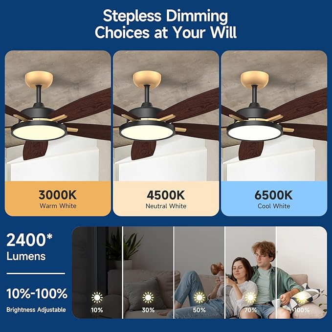 Roomratv Ceiling Fans with Lights,52 inch Smart Ceiling Fans with Dimmable LED Light Compatible with Google Home Alexa App Control(Black Gold