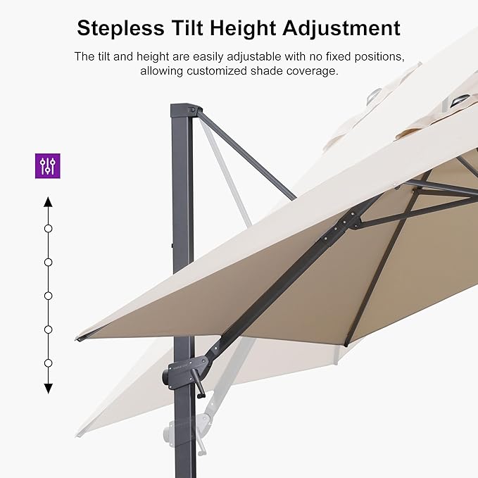 PURPLE LEAF 10' × 10' Patio Cantilever Umbrella with Base Outdoor Square Adjustable Offset Umbrellas with 360-degree Rotation and 8 Heavy Duty Metal Ribs for Garden Deck Pool Beige