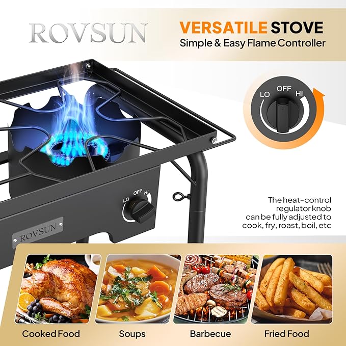 ROVSUN 2 Burner Gas Stove with Side Shelves, 150,000 BTU Portable Propane Stove with Removable Legs, Wind Panels & Regulator for Camping Home Backyard Cooking Brewing Canning Turkey Frying