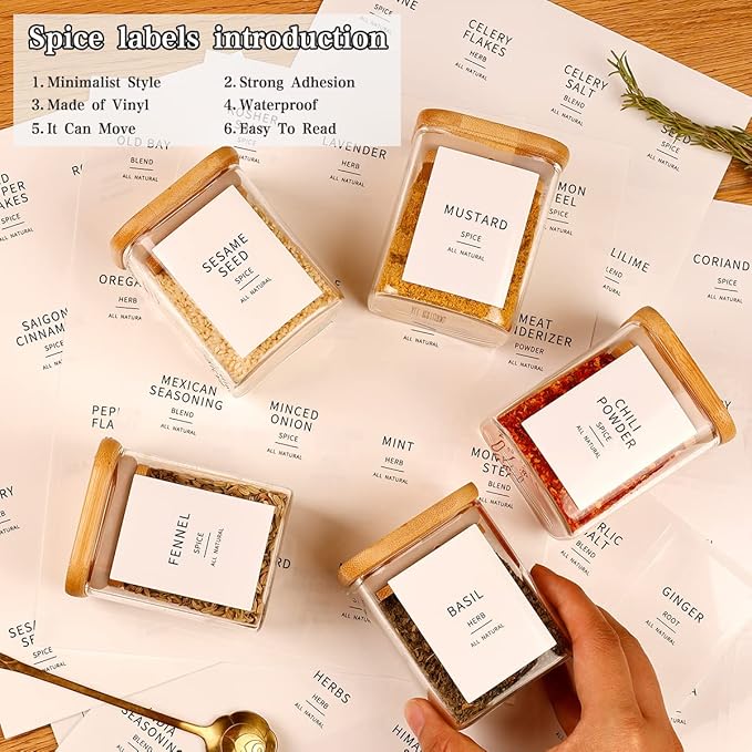 12 Pcs Square Glass Spice Jars with Natural Bamboo Lids - 5oz Airtight Herb Containers with 148 Waterproof Minimalist Spice Labels Preprinted - Empty Small Seasoning Jars for Kitchen Pantry