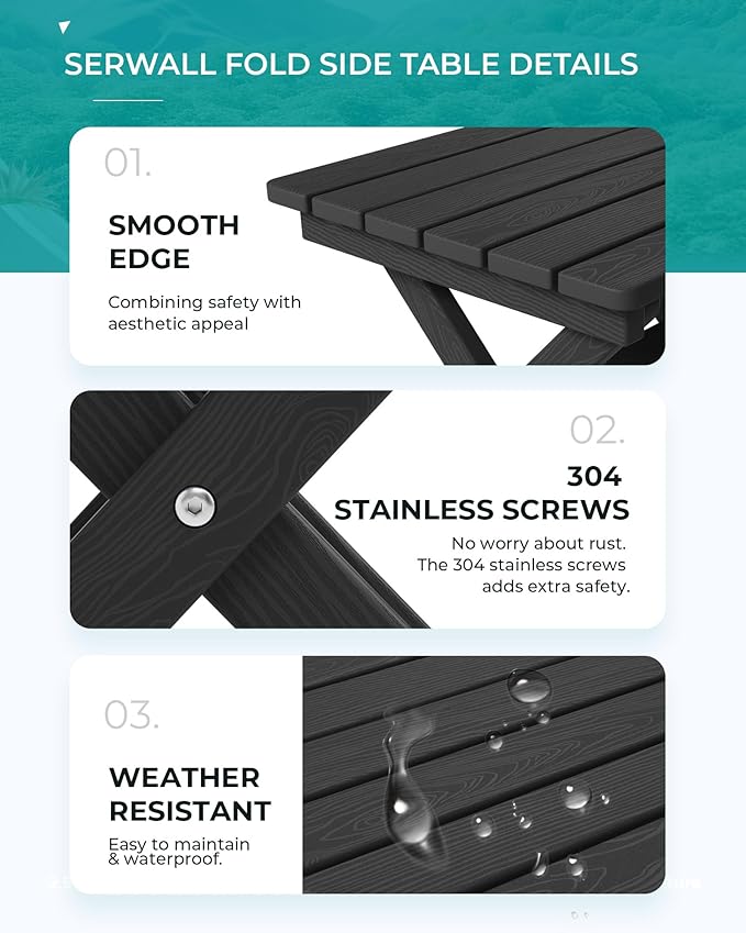 SERWALL Folding Outdoor Side Table Set of 2, Portable Adirondack Side Table, Black