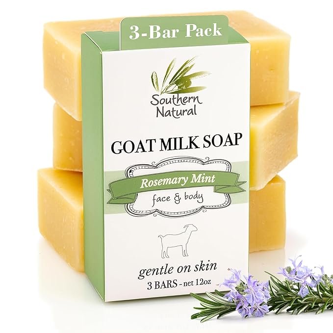 Southern Natural Goat Milk Soap Bar - 3 Pack Rosemary Mint - For Dry Sensitive Skin. Natural, Handmade Soap For Men, Women & Kids. Use On Face & Body