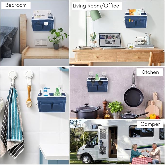 2pcs Middle Wall Hanging Organizer Bag, Linen Fabric Door Hanging Storage Basket with Pockets, Waterproof Bin for Kitchen, Bedroom, Office, RV Camper (Blue)