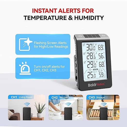 Solar Photosensitive Three Channel Thermo-Hygrometer, Wireless Temperature & Humidity Monitor with 330ft Range, 4.8" Digital Display, Smart Backlight, Real-Time Alerts, Black