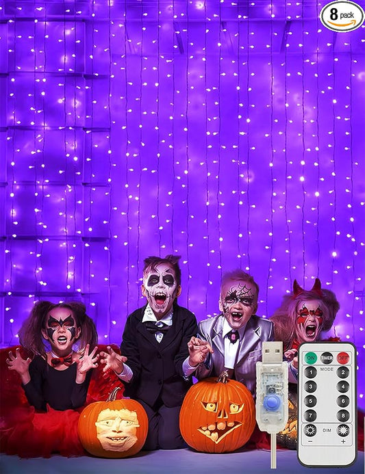 suddus Purple Curtain Lights for Halloween, 200 LED Hanging String Lights with USB Plug, Curtain String Lights Indoor for Bedroom Wall, Christmas, Party, Porch, Holiday Decorations, 6.5ft * 6.5ft