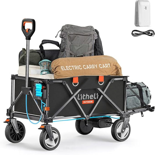 Litheli Electric Utility Wagon Cart, 200L Capacity, 300 lbs Load, Foldable Heavy-Duty Design with All-Terrain Wheels, Variable Speed Drive & Battery Power for Camping, Beach, Garden & Shopping